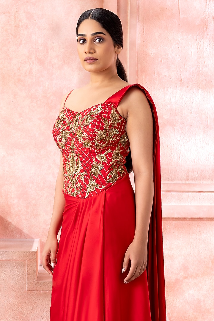 Imperial Red Satin Sequins Embroidered Draped Wedding Gown Saree by Neeta Lulla at Pernia's Pop Up Shop