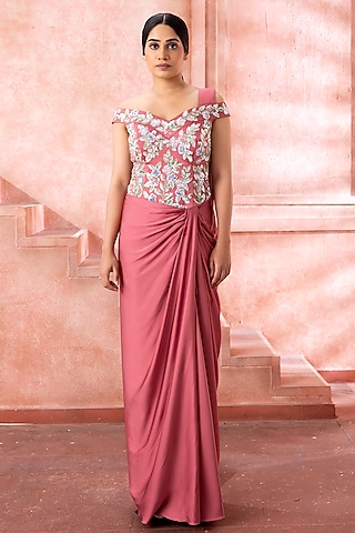 Blush Rose Satin Sequins Embroidered Draped Gown Saree by Neeta Lulla