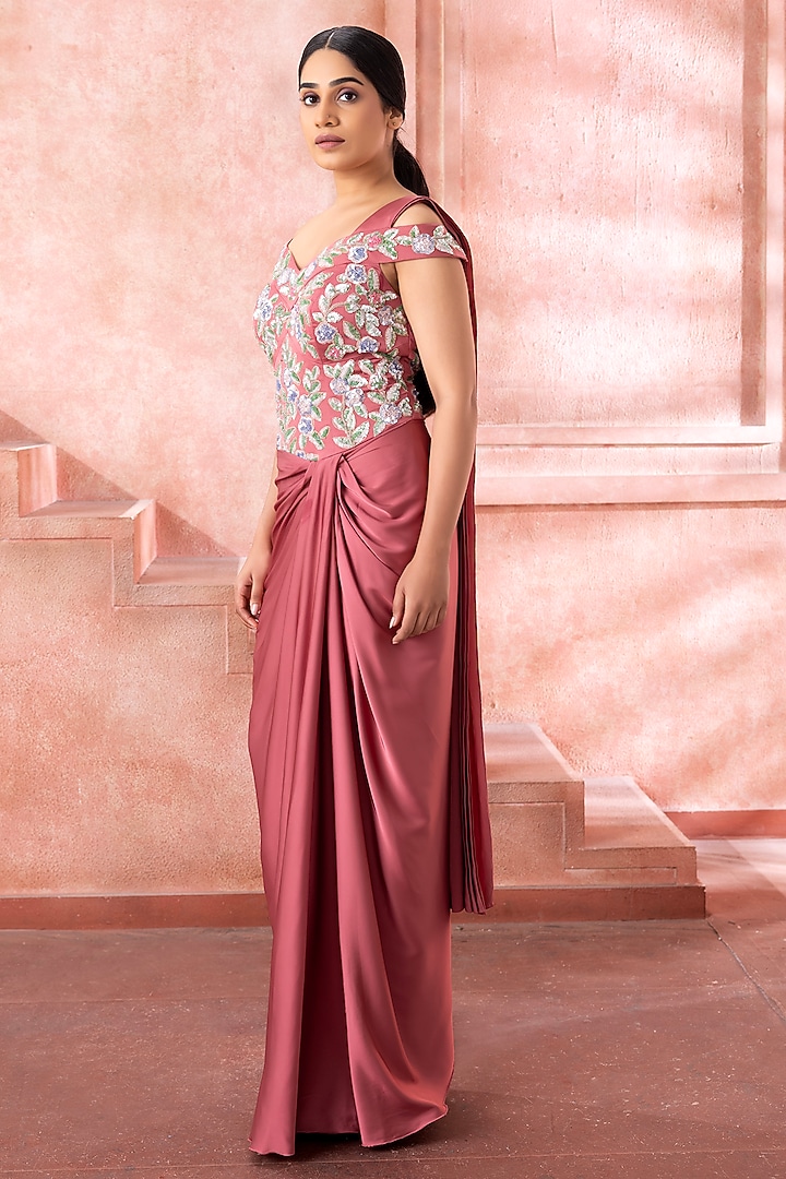 Blush Rose Satin Sequins Embroidered Draped Wedding Gown Saree by Neeta Lulla at Pernia's Pop Up Shop