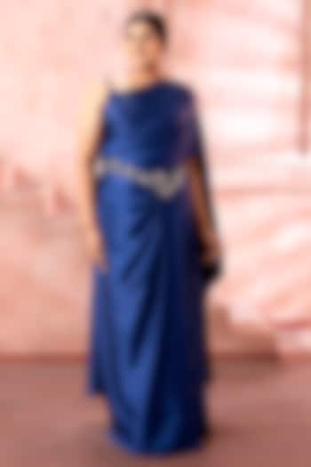 Sapphire Blue Satin Sequins Embellished Pleated Wedding Gown Saree by Neeta Lulla at Pernia's Pop Up Shop