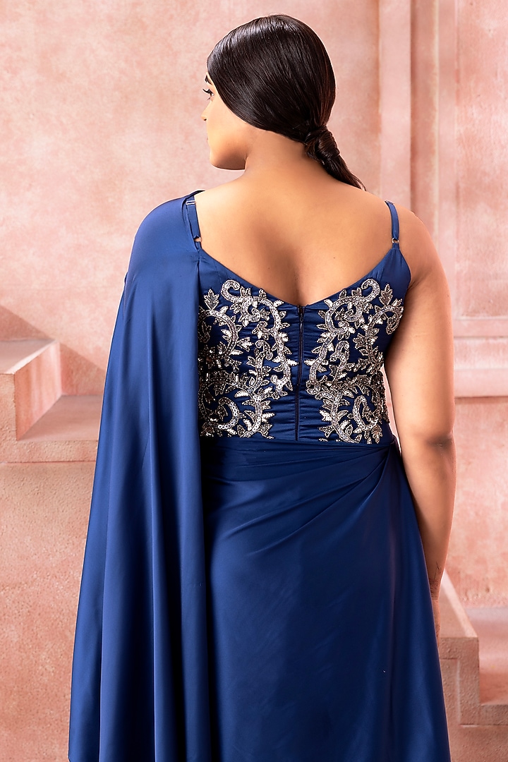 Sapphire Blue Satin Sequins Embellished Pleated Wedding Gown Saree by Neeta Lulla at Pernia's Pop Up Shop