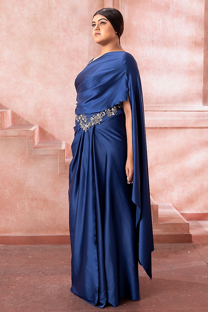 Sapphire Blue Satin Sequins Embellished Pleated Wedding Gown Saree by Neeta Lulla at Pernia's Pop Up Shop