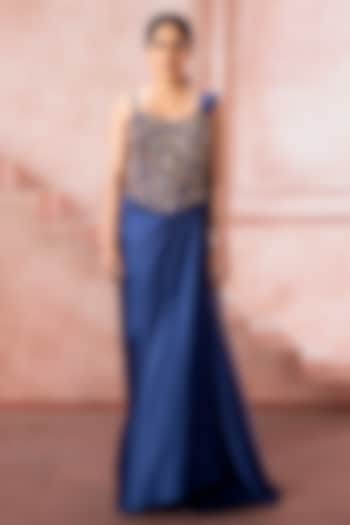 Royal Blue Satin Cutdana Embroidered Draped Wedding Gown Saree by Neeta Lulla at Pernia's Pop Up Shop