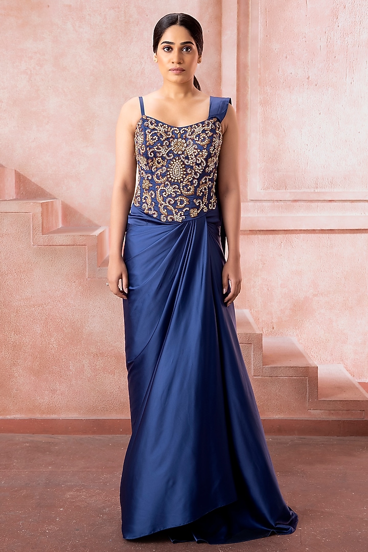 Royal Blue Satin Cutdana Embroidered Draped Wedding Gown Saree by Neeta Lulla at Pernia's Pop Up Shop