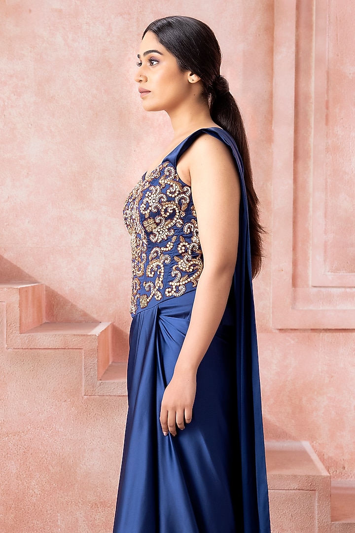 Royal Blue Satin Cutdana Embroidered Draped Wedding Gown Saree by Neeta Lulla at Pernia's Pop Up Shop