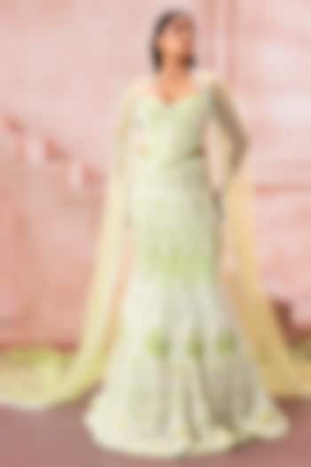 Pastel Mint Green Tulle Sequins Embellished Mermaid Skirt Set by Neeta Lulla at Pernia's Pop Up Shop