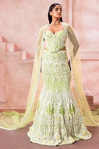 Pastel Mint Green Tulle Sequins Embellished Mermaid Skirt Set by Neeta Lulla