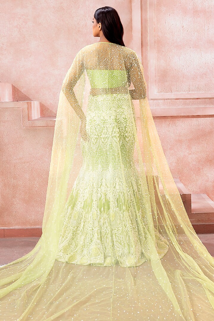 Pastel Mint Green Tulle Sequins Embellished Mermaid Skirt Set by Neeta Lulla at Pernia's Pop Up Shop