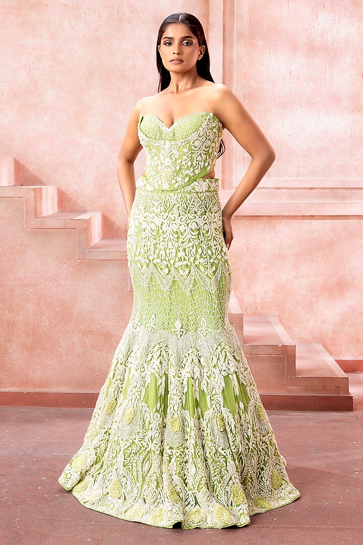 Pastel Mint Green Tulle Sequins Embellished Mermaid Skirt Set by Neeta Lulla at Pernia's Pop Up Shop