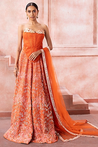 Burnt Orange Tulle Flared Skirt Set by Neeta Lulla