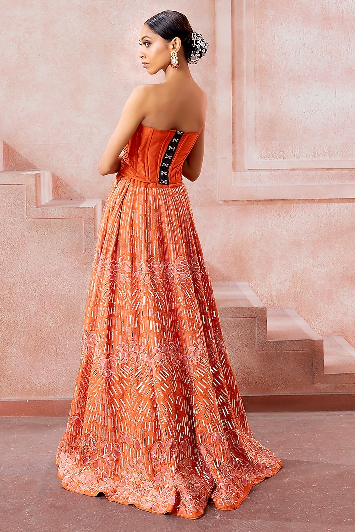 Burnt Orange Tulle Flared Skirt Set by Neeta Lulla at Pernia's Pop Up Shop