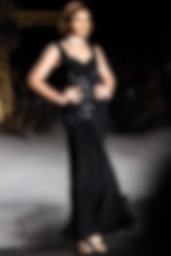 Black Chiffon Sequins Embellished Engagement Gown by Neeta Lulla at Pernia's Pop Up Shop