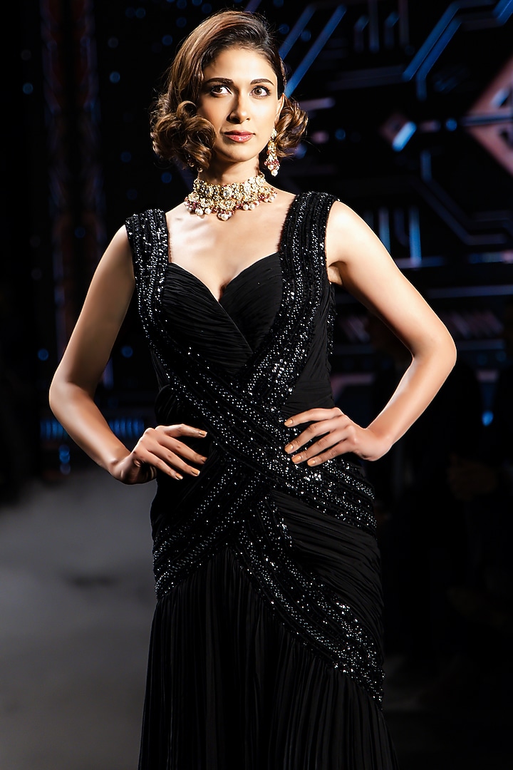 Black Chiffon Sequins Embellished Engagement Gown by Neeta Lulla at Pernia's Pop Up Shop