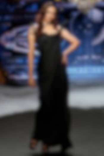 Black Satin Sequins Embellished Wedding Gown Saree by Neeta Lulla at Pernia's Pop Up Shop