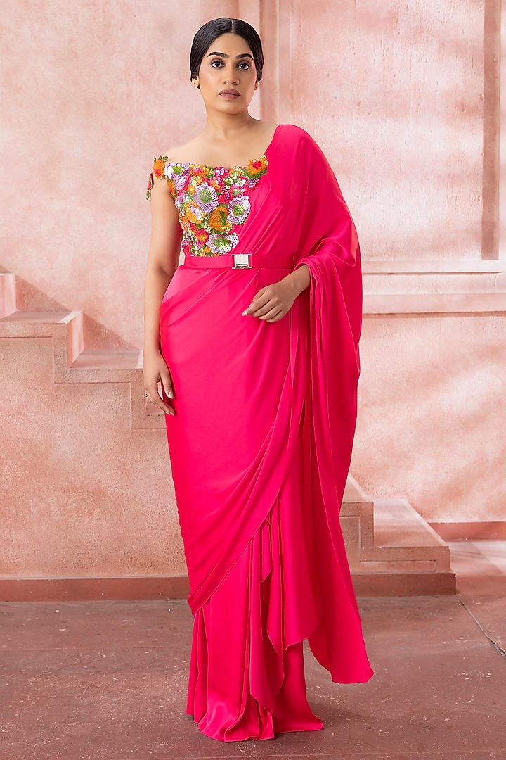 Fuchsia Pink Lycra Draped Wedding Saree Set by Neeta Lulla at Pernia's Pop Up Shop