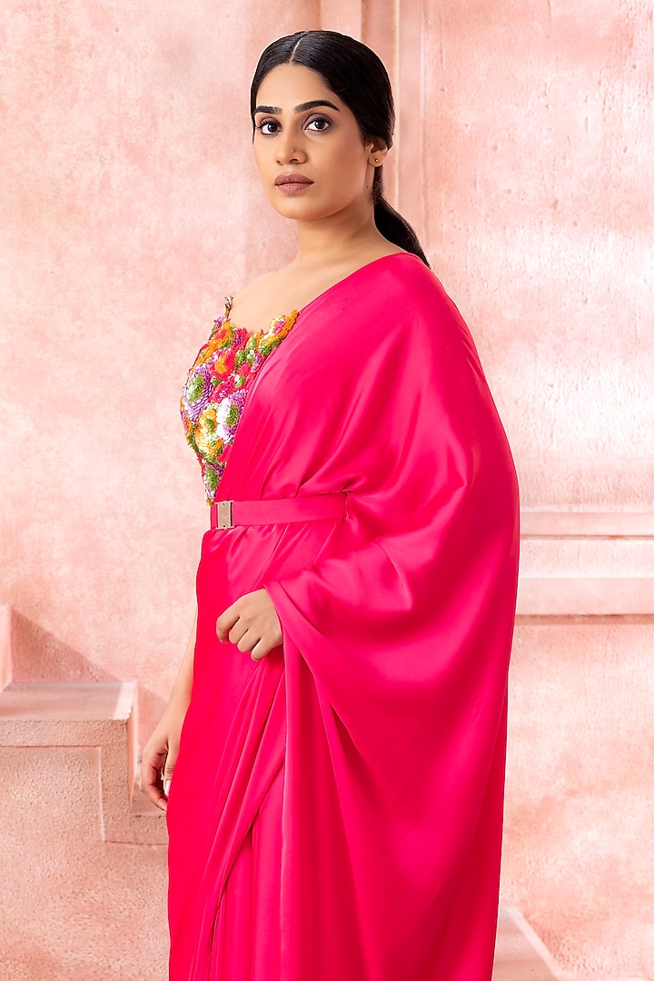 Fuchsia Pink Lycra Draped Wedding Saree Set by Neeta Lulla at Pernia's Pop Up Shop