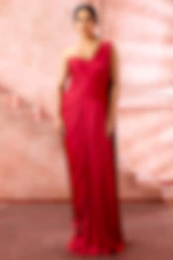 Deep Red Satin Pleated One-Shoulder Draped Engagement Gown by Neeta Lulla at Pernia's Pop Up Shop