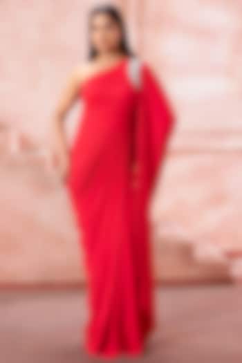 Scarlet Red Lycra One-Shoulder Draped Engagement Gown by Neeta Lulla at Pernia's Pop Up Shop