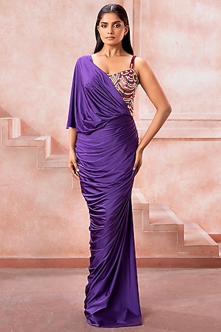 Rich Purple Lycra One-Shoulder Draped Gown by Neeta Lulla