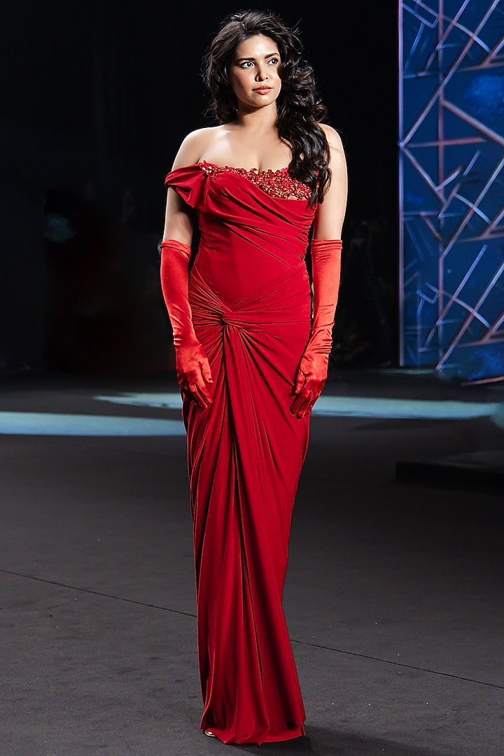 Pernia's Pop Up Shop - Neeta Lulla Women Scarlet Red Stretch Fabric Cutdana Work Off-Shoulder Gown