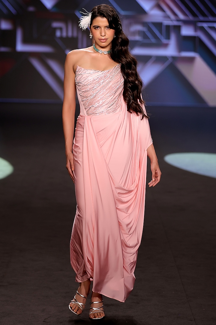 Blush Pink Stretch Fabric Sequins Embroidered Wedding Gown Saree by Neeta Lulla at Pernia's Pop Up Shop