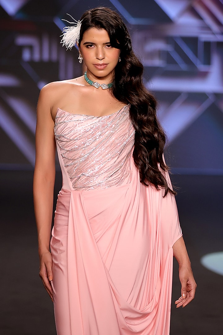 Blush Pink Stretch Fabric Sequins Embroidered Wedding Gown Saree by Neeta Lulla at Pernia's Pop Up Shop
