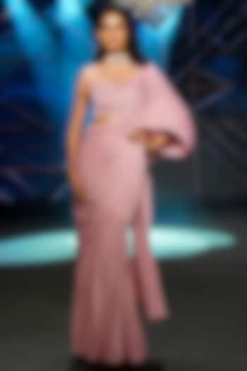 Salmon Pink Luxe Stretch Fabric Draped Wedding Gown Saree Set by Neeta Lulla at Pernia's Pop Up Shop