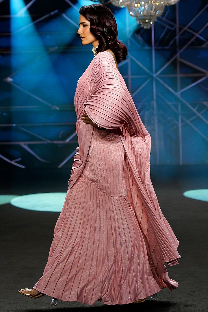 Salmon Pink Luxe Stretch Fabric Draped Wedding Gown Saree Set by Neeta Lulla at Pernia's Pop Up Shop