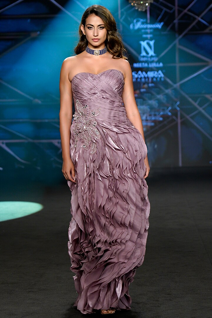 Mauve Satin Tissue Organza Embellished Strapless Engagement Gown by Neeta Lulla at Pernia's Pop Up Shop