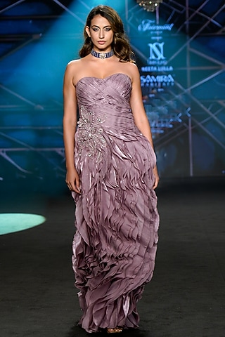 Mauve Satin Tissue Organza Embellished Strapless Gown by Neeta Lulla