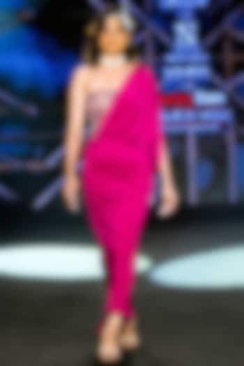 Fuchsia Pink Stretch Fabric Pearl Embellished Wedding Gown Saree by Neeta Lulla at Pernia's Pop Up Shop
