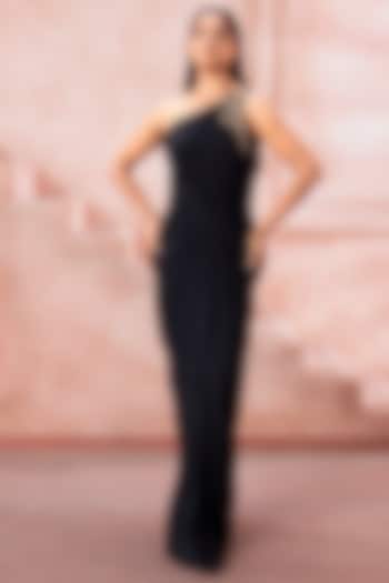 Jet Black Satin Stone Hand Embroidered One-Shoulder Engagement Gown by Neeta Lulla at Pernia's Pop Up Shop