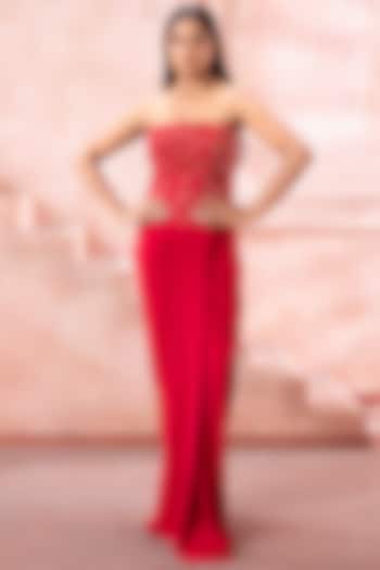 Scarlet Red Lycra Beads Embroidered Strapless Engagement Gown by Neeta Lulla at Pernia's Pop Up Shop
