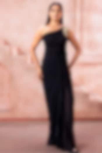 Midnight Black Satin Knotted One-Shoulder Engagement Gown by Neeta Lulla at Pernia's Pop Up Shop