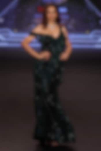 Emerald Green Georgette Sequins Embroidered Off-Shoulder Bridal Gown by Neeta Lulla at Pernia's Pop Up Shop