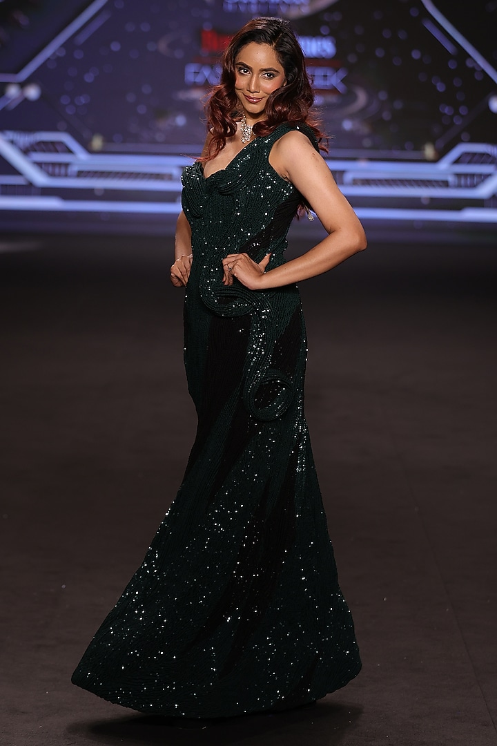 Emerald Green Georgette Sequins Embroidered Off-Shoulder Bridal Gown by Neeta Lulla at Pernia's Pop Up Shop