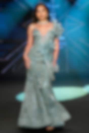 Aqua Green Satin Tissue Sequins Embellished Mermaid Wedding Gown by Neeta Lulla at Pernia's Pop Up Shop