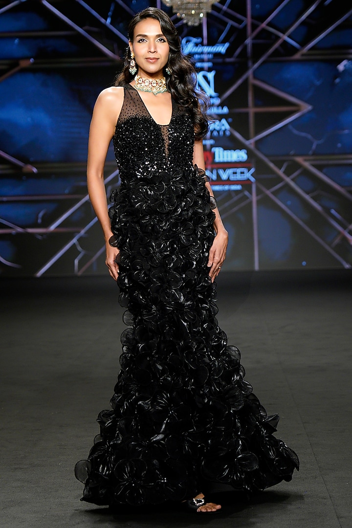 Black Tulle Sequins Embellished Bridal Gown by Neeta Lulla at Pernia's Pop Up Shop