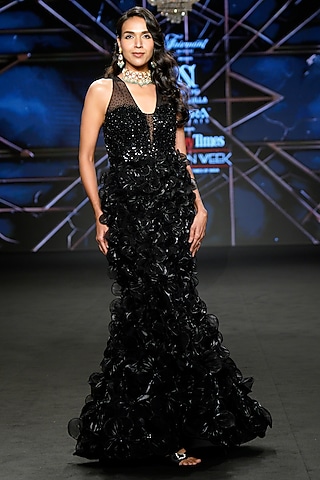 Black Tulle Sequins Embellished Gown by Neeta Lulla