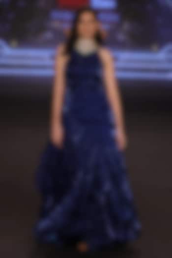 Teal Blue Satin Tissue Organza Halter-Neck Wedding Gown by Neeta Lulla at Pernia's Pop Up Shop