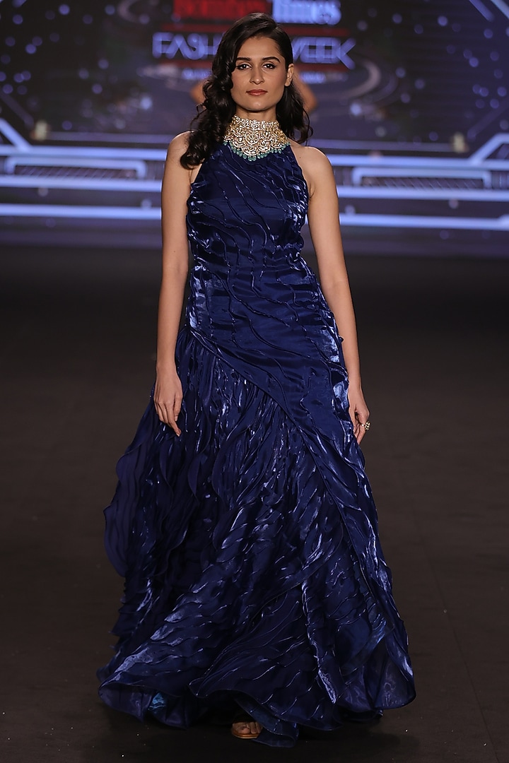 Teal Blue Satin Tissue Organza Halter-Neck Wedding Gown by Neeta Lulla at Pernia's Pop Up Shop