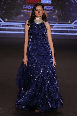 Teal Blue Satin Tissue Organza Halter-Neck Gown by Neeta Lulla