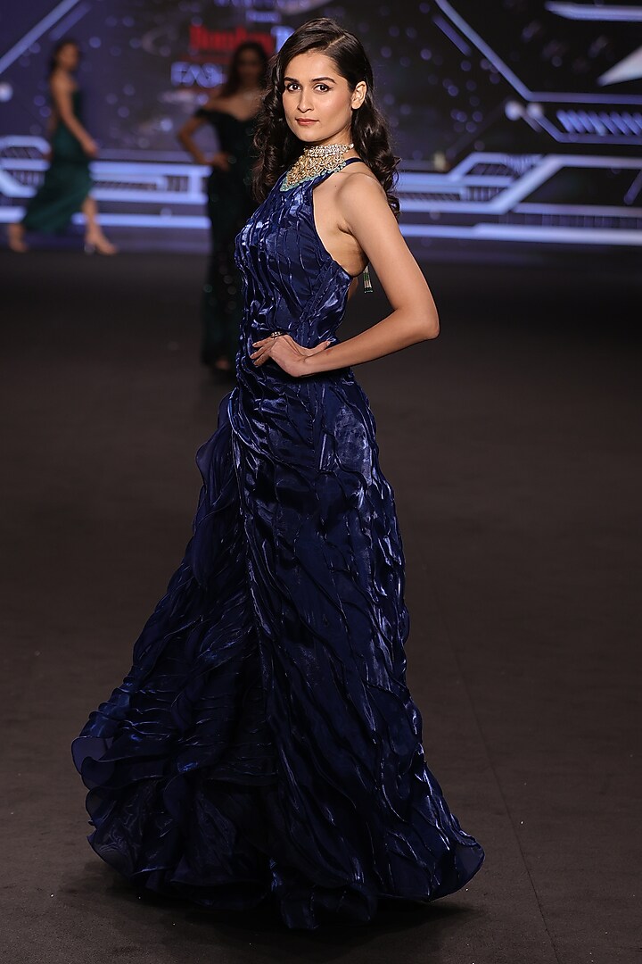 Teal Blue Satin Tissue Organza Halter-Neck Wedding Gown by Neeta Lulla at Pernia's Pop Up Shop
