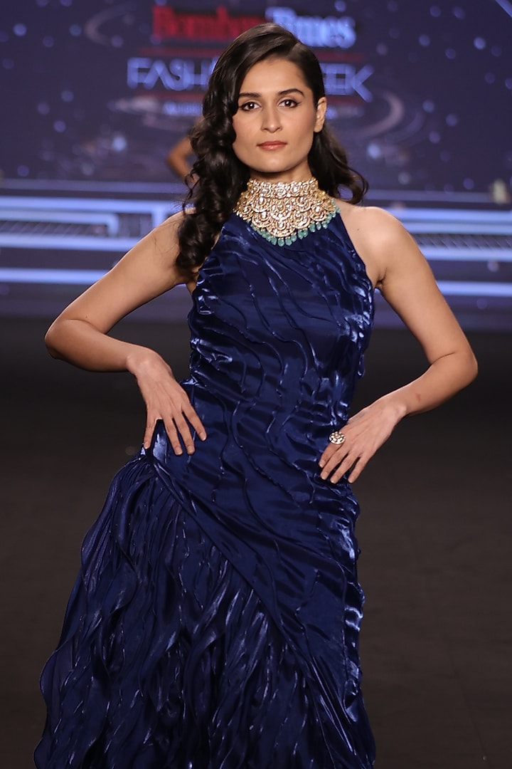 Teal Blue Satin Tissue Organza Halter-Neck Wedding Gown by Neeta Lulla at Pernia's Pop Up Shop