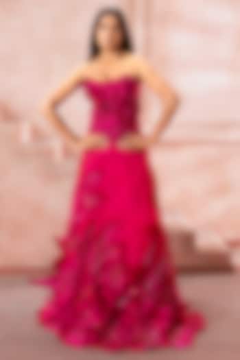 Fuchsia Pink Satin Tissue Organza 3D Applique Embroidered Bridal Lehenga Set by Neeta Lulla at Pernia's Pop Up Shop