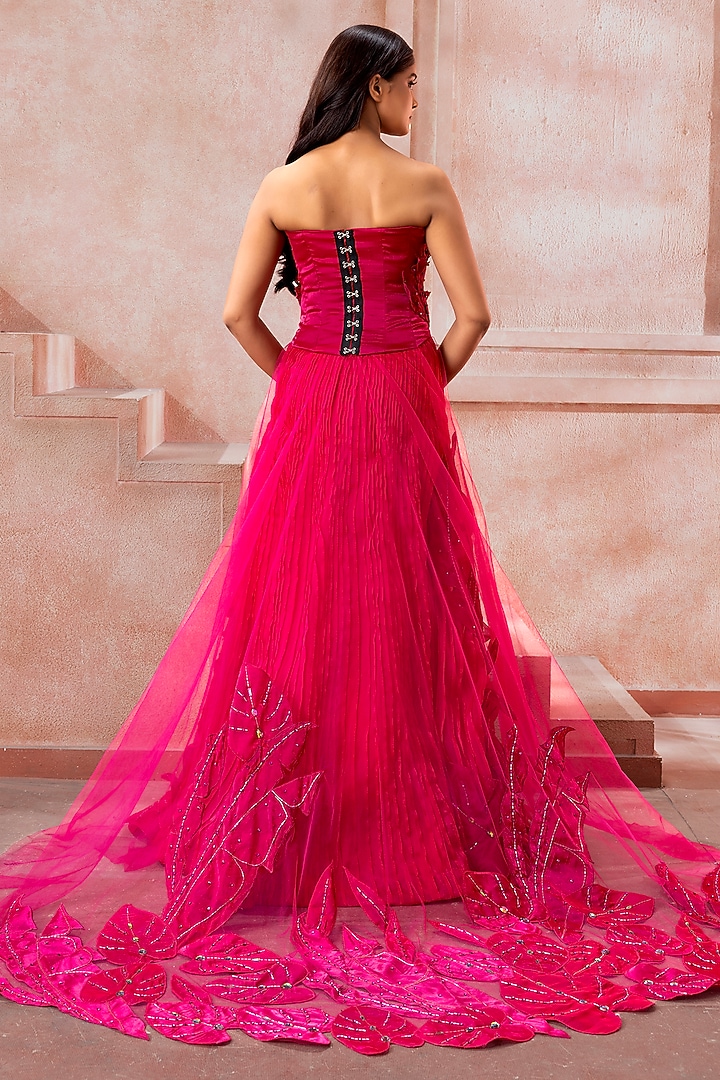 Fuchsia Pink Satin Tissue Organza 3D Applique Embroidered Bridal Lehenga Set by Neeta Lulla at Pernia's Pop Up Shop