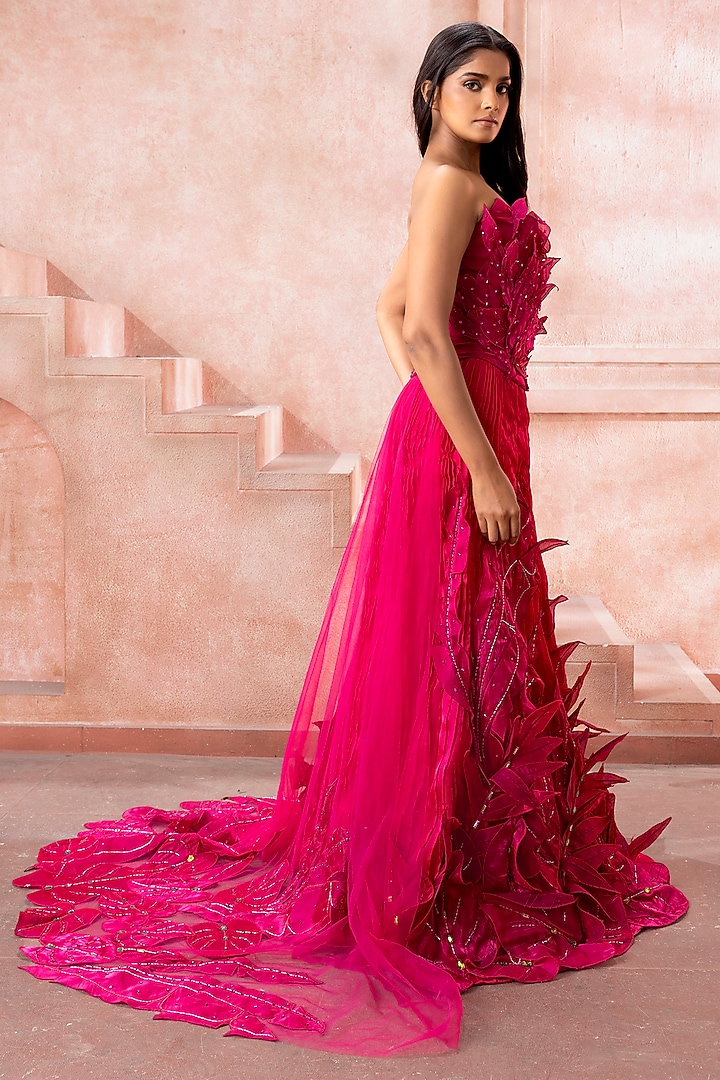Fuchsia Pink Satin Tissue Organza 3D Applique Embroidered Bridal Lehenga Set by Neeta Lulla at Pernia's Pop Up Shop