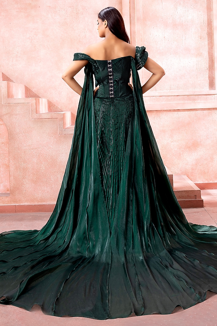 Emerald Green Shimmer Organza Pleated Skirt Set by Neeta Lulla at Pernia's Pop Up Shop