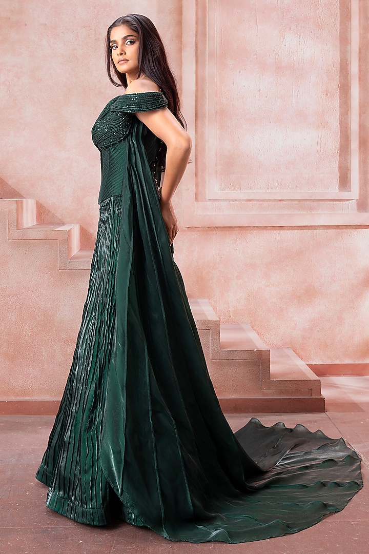 Emerald Green Shimmer Organza Pleated Skirt Set by Neeta Lulla at Pernia's Pop Up Shop