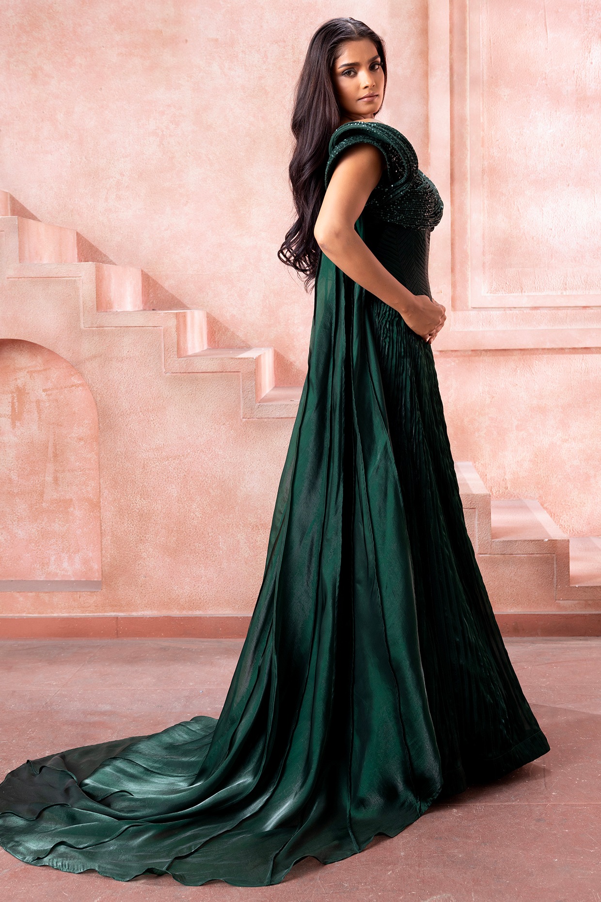 Emerald Green Shimmer Organza Pleated Skirt Set by Neeta Lulla at